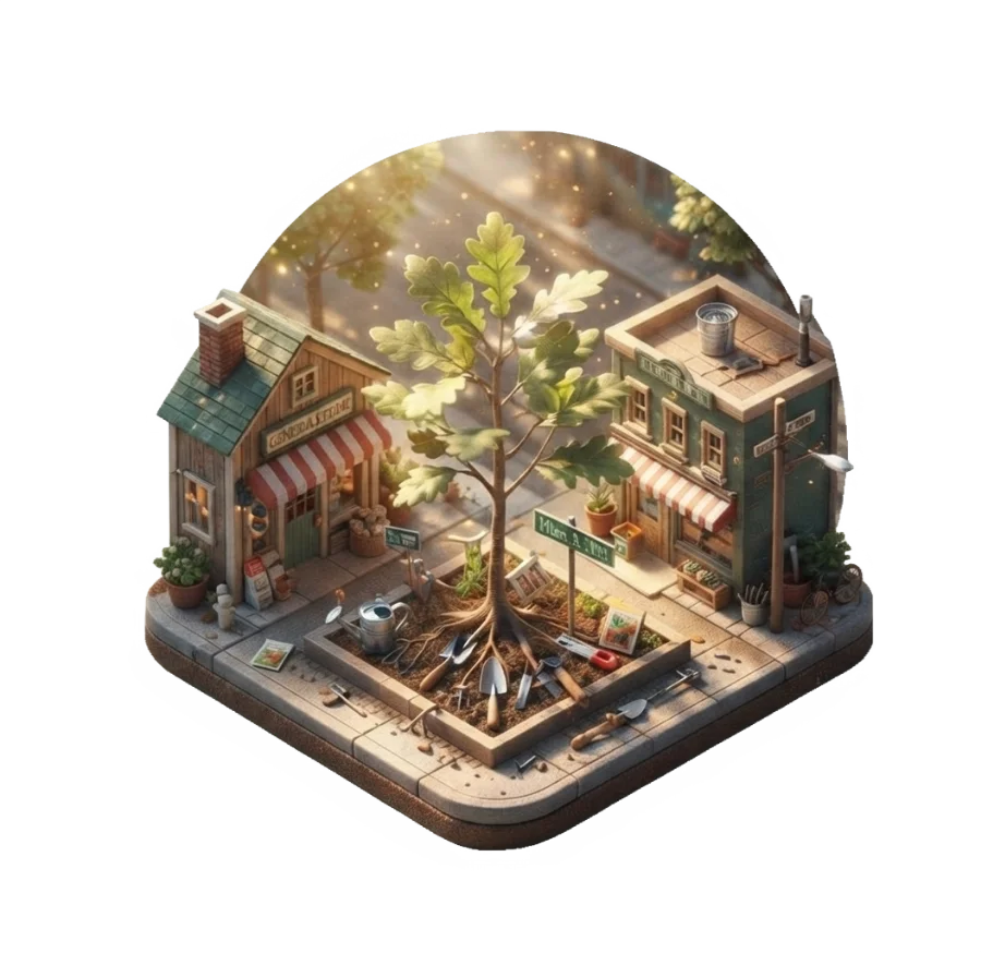 An isometric miniature of Riverside Hardware's storefront on Main Street, with a tree growing at its center.