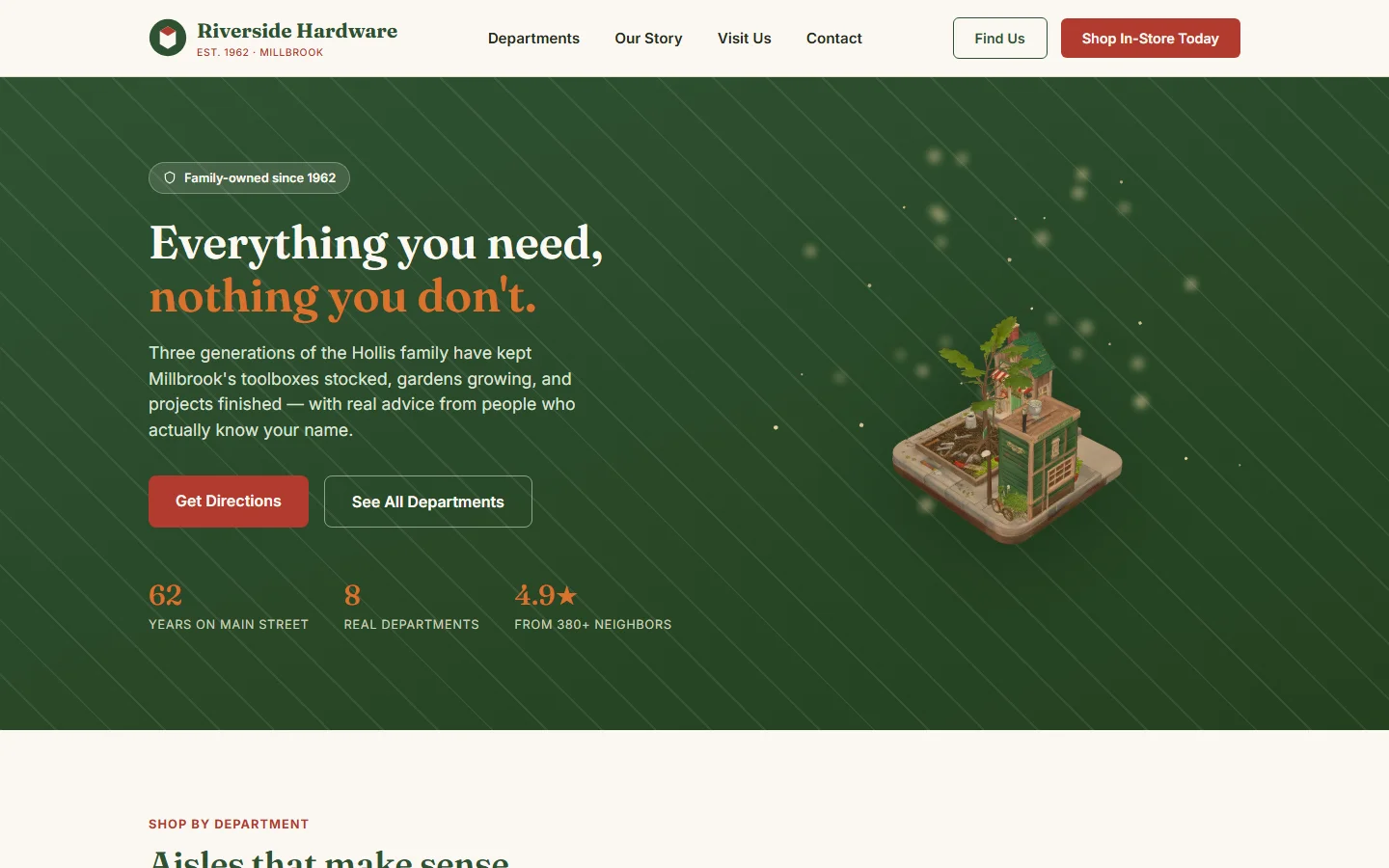 Riverside Hardware, a real multi-page demo site built by DesignPipe's pipeline, showing a 3D isometric storefront hero.